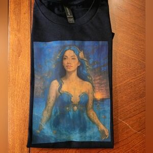 Custom Design! NWOT Artistic Black Tee with Blue Oceanic Print
